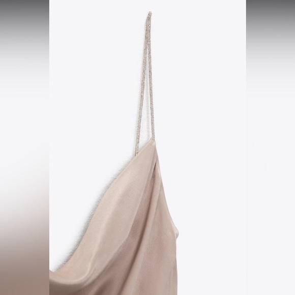 NEW ZARA Silky Satin Taupe Cowl Neck Mini Slip Dress Rhinestone Strap Fit&Flare - Picture 5 of 11